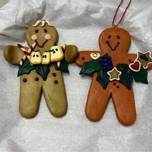 Vintage Primitive Clay Dough GINGERBREAD MAN 2 Fruit Holly Christmas Ornaments